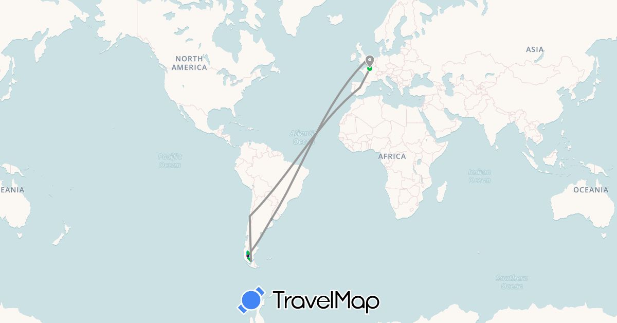 TravelMap itinerary: driving, bus, plane, hiking, boat in Argentina, Chile, Spain, France, United Kingdom (Europe, South America)